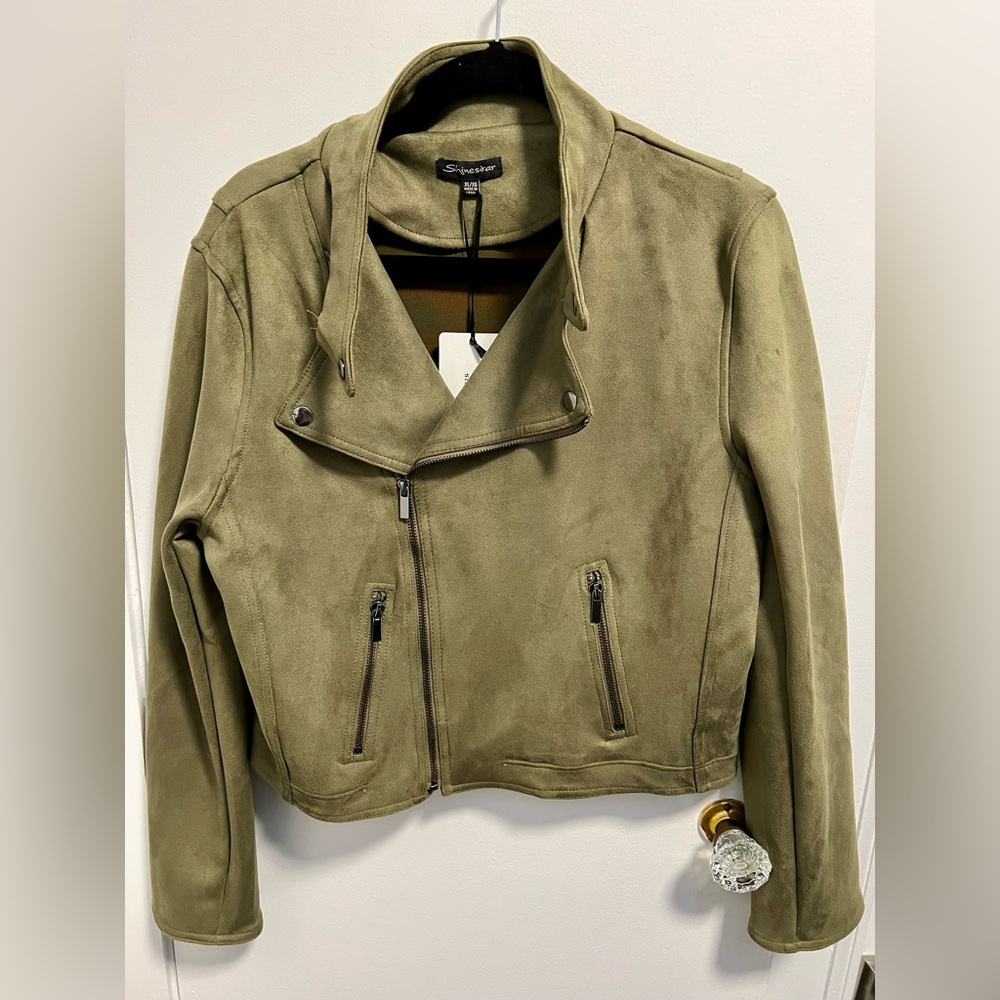 Shinestar Olive Green Suede Moto Jacket